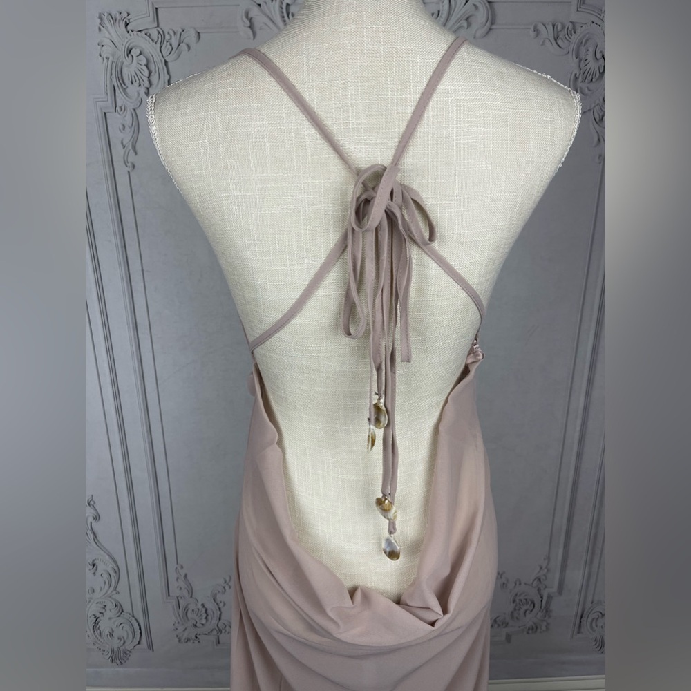 Elegant Chiffon Evening Gown Shell Trim Backless Sheer Maxi Dress Cocktail Party - Picture 8 of 14